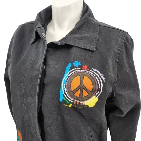 Forever 21+ Black Jacket With Embroidered Peace Sign "Black Is Power" Text Desig - Picture 1 of 12
